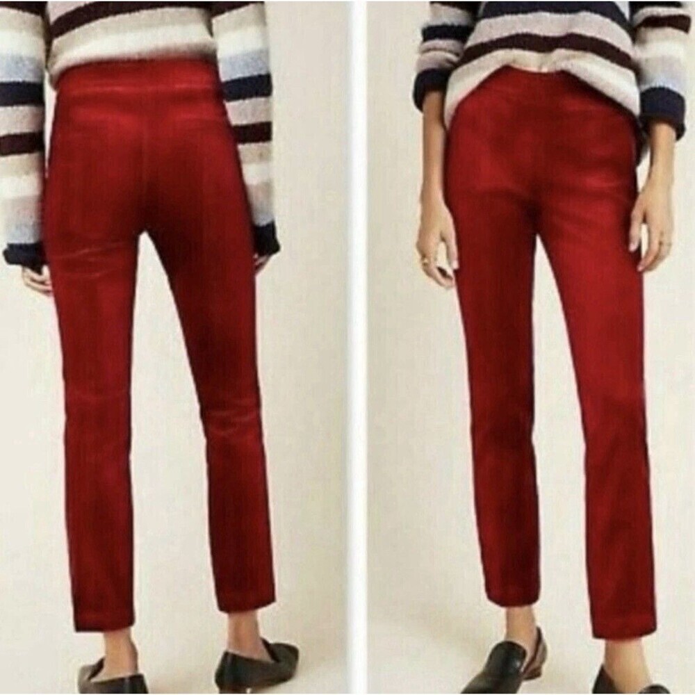 Anthropologie The Essential Slim Ankle Red Velvet Velour Trousers Size 10P